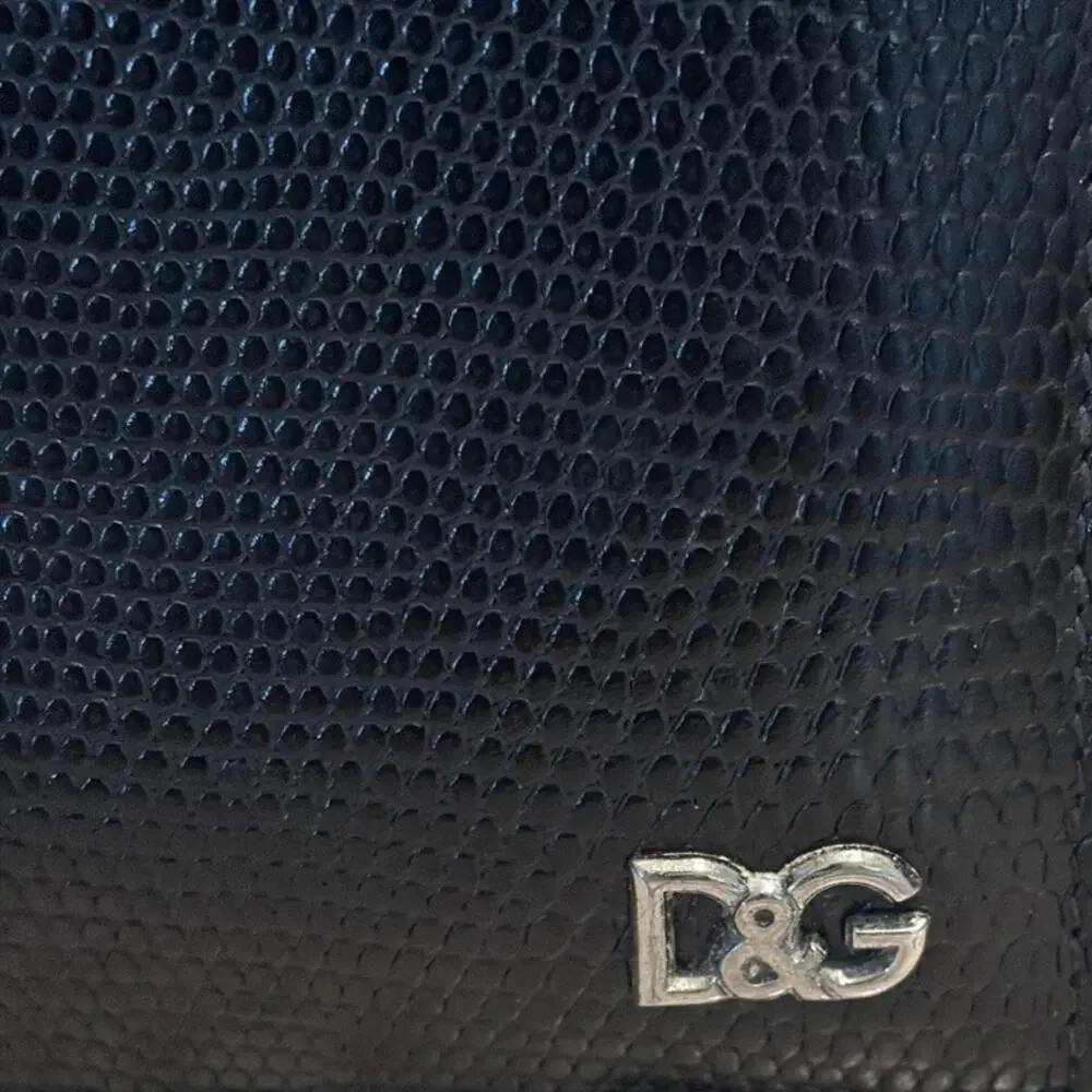 Dolce & Gabbana Black Lizard Embossed Leather Bifold Wallet Silver D&G Logo